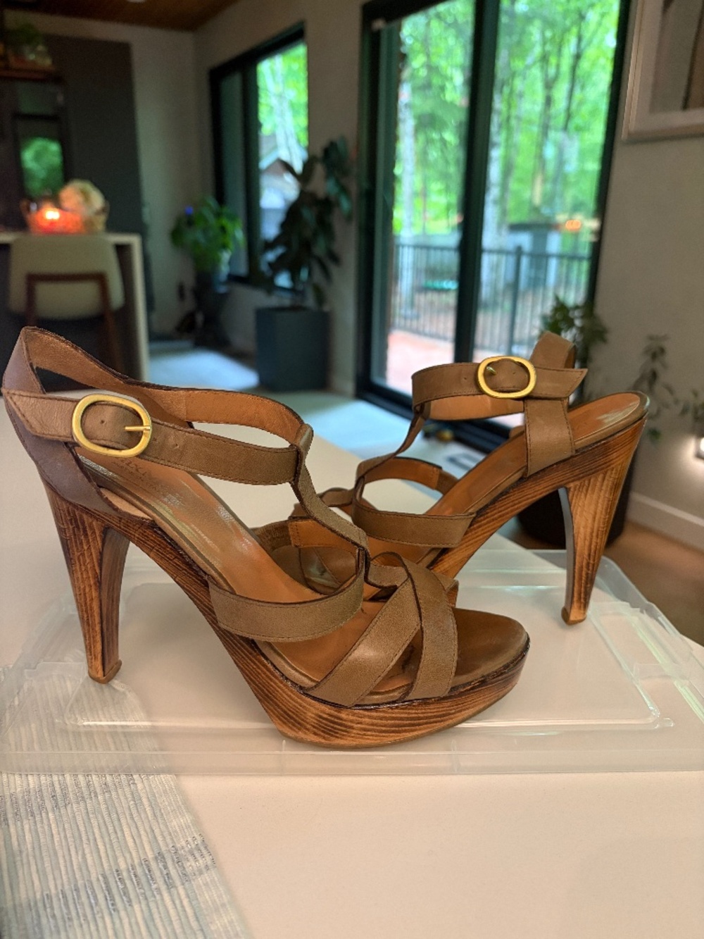 MaxMara Strappy Platform Sandals – Olive/Taupe Leather | Wood Heel | Size 39
